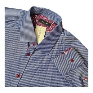 NEW! Sand Modern Fit Blue White Stripe Cotton Dress Shirt Red Buttons Men's 42
